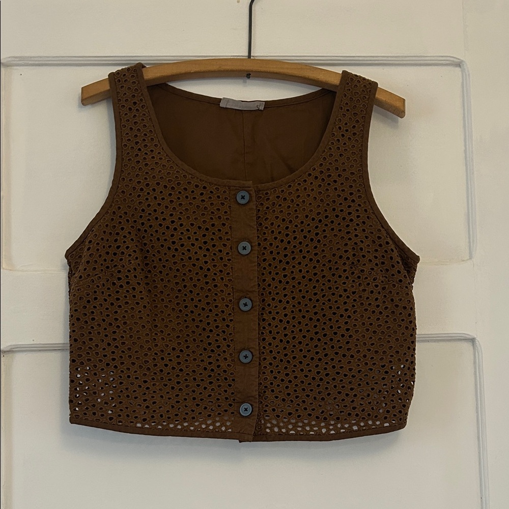 Everlane Brown Eyelet Button-Front Crop Top
